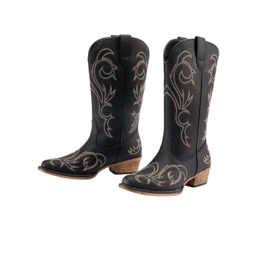 Women 8 Square-toe Mid-Calf Cowgirl Boots Embroidered Western Black- Dream Paris - Picture 5 of 14